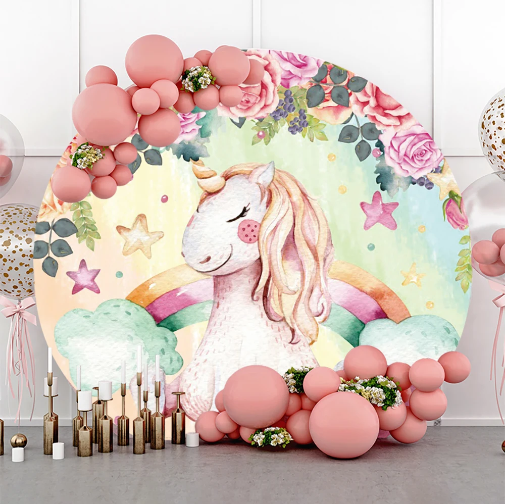 

Мультяшный единорог Радуга фон маленькие звезды детский день рождения Вечеринка розовые цветы портрет декорация фон реквизит