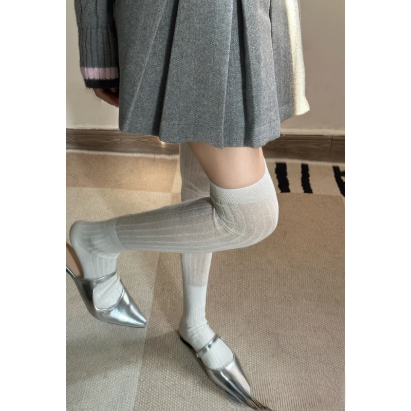 Spring and Summer New Thin Knitted Knee Socks Versatile See-through Calf Bunching Socks Breathable