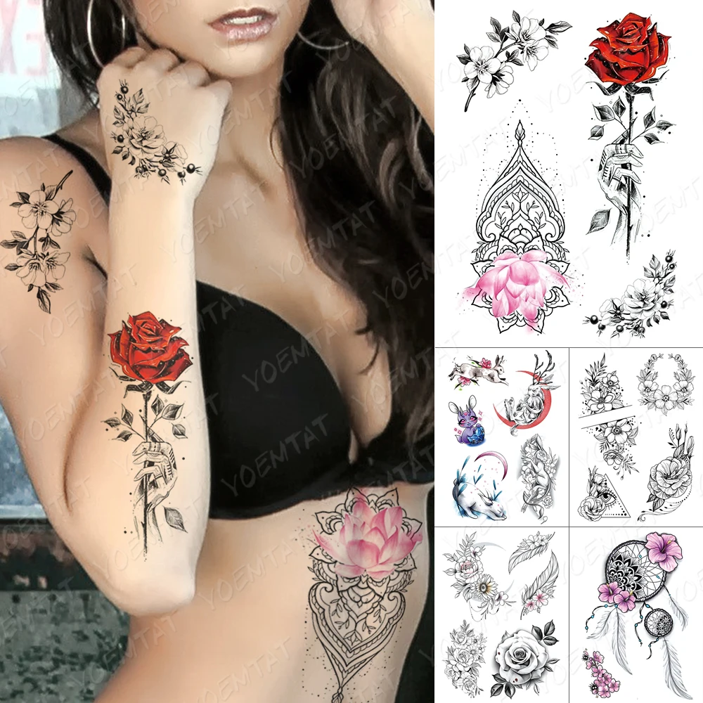 

Waterproof Temporary Tattoo Stickers Henna Rose Peony Sun Flower Feather Body Art Flower Transfer Fake Tatto Men Women Tattoos