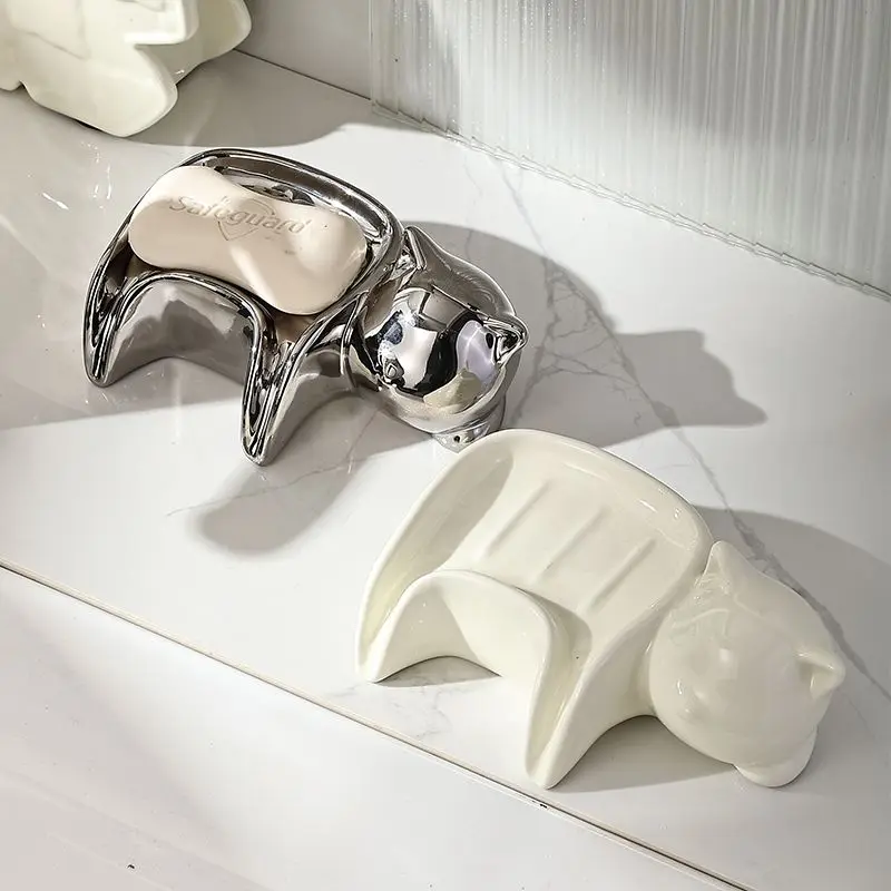 

Cute Cat Soap Box Light Luxury High-end Ceramic Soap Holder Bathroom Silver Chrome Plating Ceramics Free Punching Storage Rack