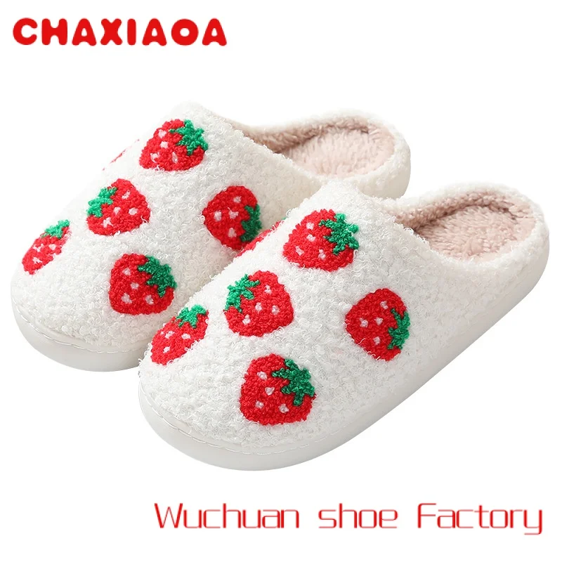 

Winter woman home cute flat fluffy comfort warm strawberry slippers
