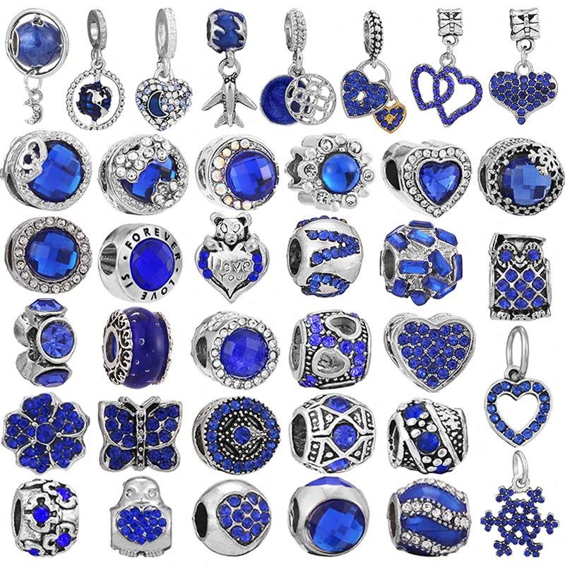 

2Pcs/Lot Hot Selling Blue Series Earth Crystal Stars Moon Charm Beads Pendant Fit Original Brand Bracelets For Women Jewelry