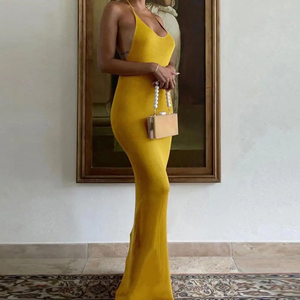 

Spaghetti Straps Halter Open Back Skinny Dress Sexy Backless Party Maxi Evening Dress Women Bodycon Dresses Robe vestido فستان