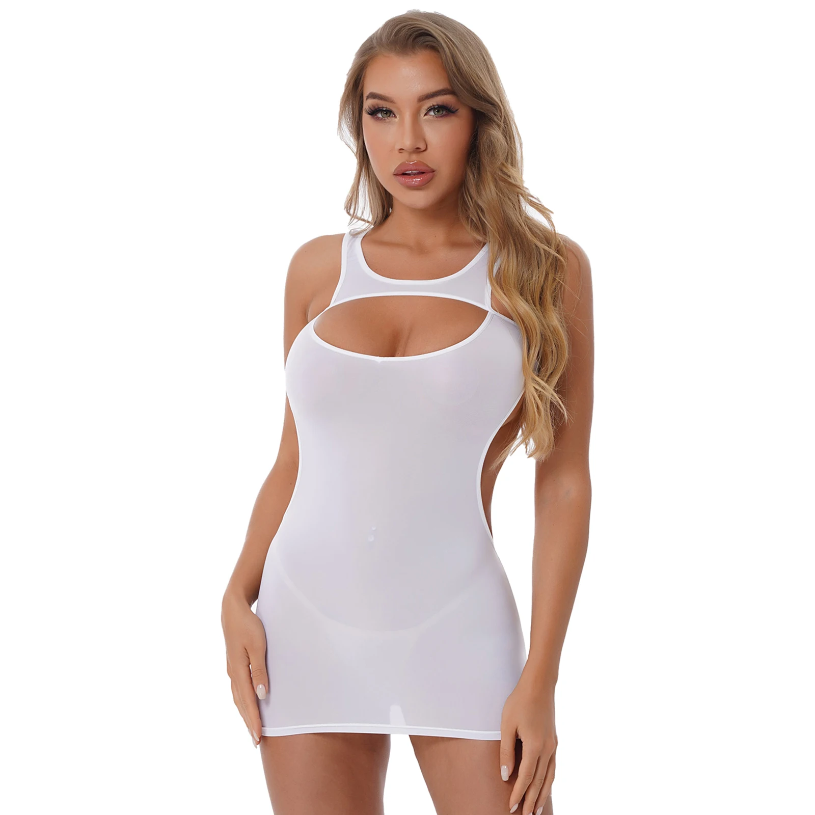 

Womens Hollow Out Solid Color Cutout Mini Dress Semi See-through Backless Bodycon Dresses Nightwear Swimwear Sexy Bodysuit