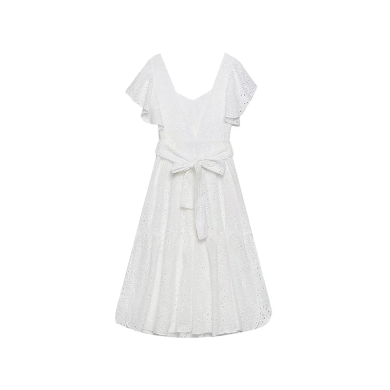 

Women's summer new lotus leaf sleeves loose hollow embroidered dress belt slim long skirt