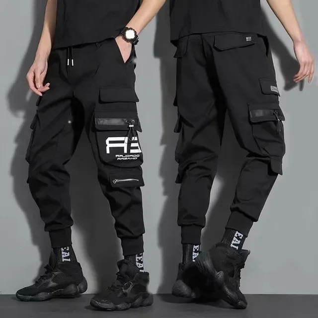 

Hip Hop Black Cargo Pants joggers Sweatpants Overalls Men Ribbons Streetwear Harem Pants Women Fashions Trousers