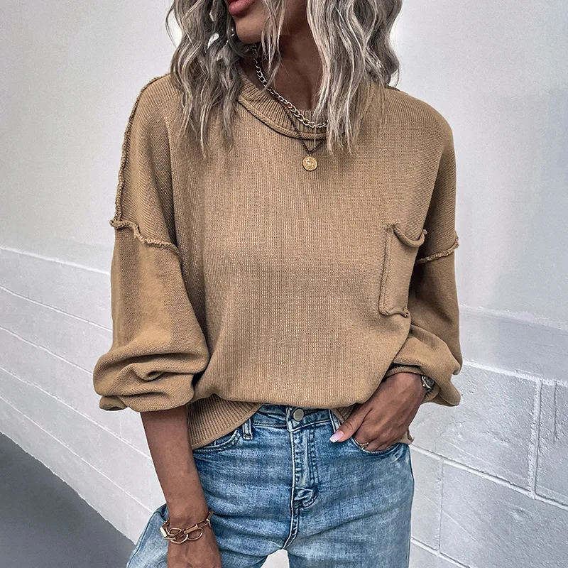 Women Reverse Pocket Sweater Autumn/Winter 2022 Solid Color Lantern Sleeve Sweater Pullover