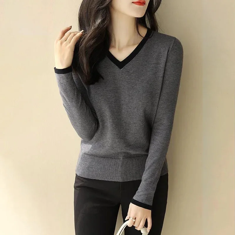 Vintage V-neck Thin Sweater Women Korean Patchwork Knitted tops Elegant OL Base Knitwear Elastic Big Size Loose Knit Pullover