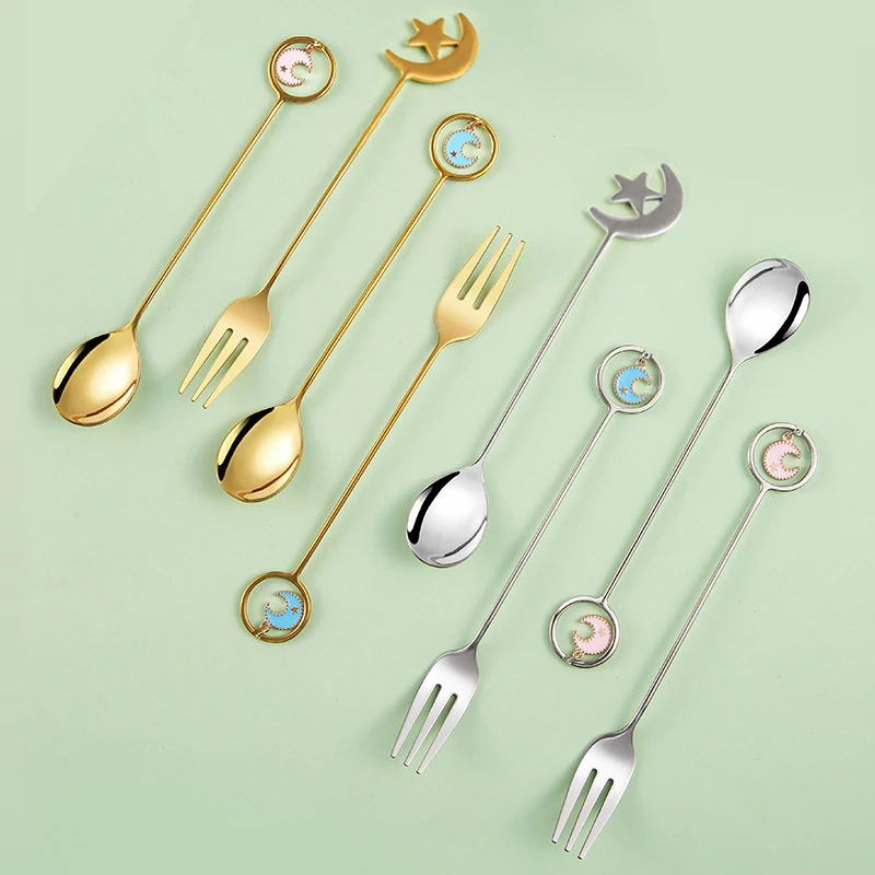

Creative Stainless Steel Spoon Fork Set Star Moon Dessert Cake Fruit Fork Ice Spoon Long Handle Ice Cream Coffee Spoons Teaspoon