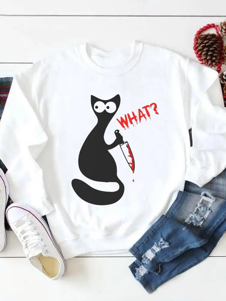

Fall Autumn Thanksgiving Funny Cat Printing 90s Halloween Graphic Fashion Pullovers Casual Female Women Print Sweatshirts
