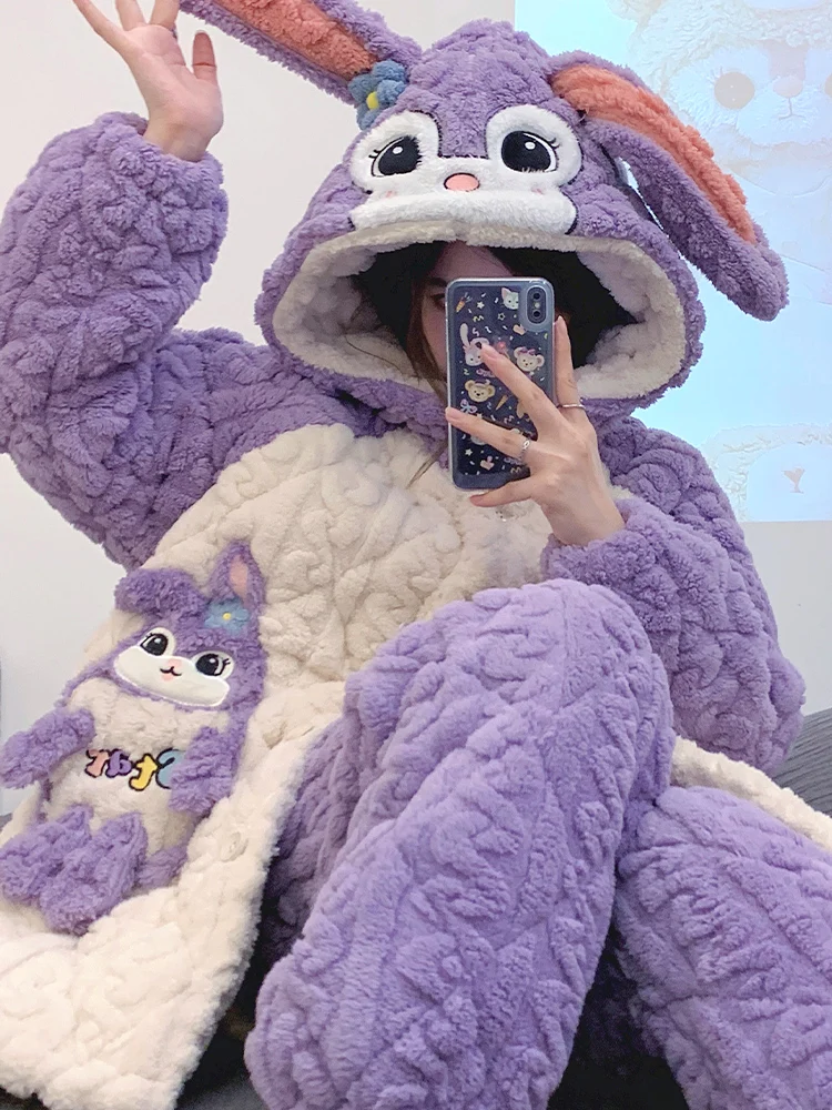 Coral Fleece Pajamas Autumn and Winter Women Three-Layer Quilted Thickened Cartoon Cute Flannel Long sleeve Home Wear Set