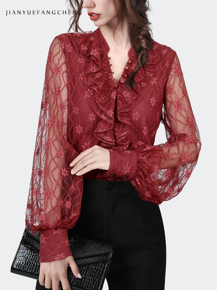 Женская кружевная блузка с V-образным вырезом и рукавами-фонариками