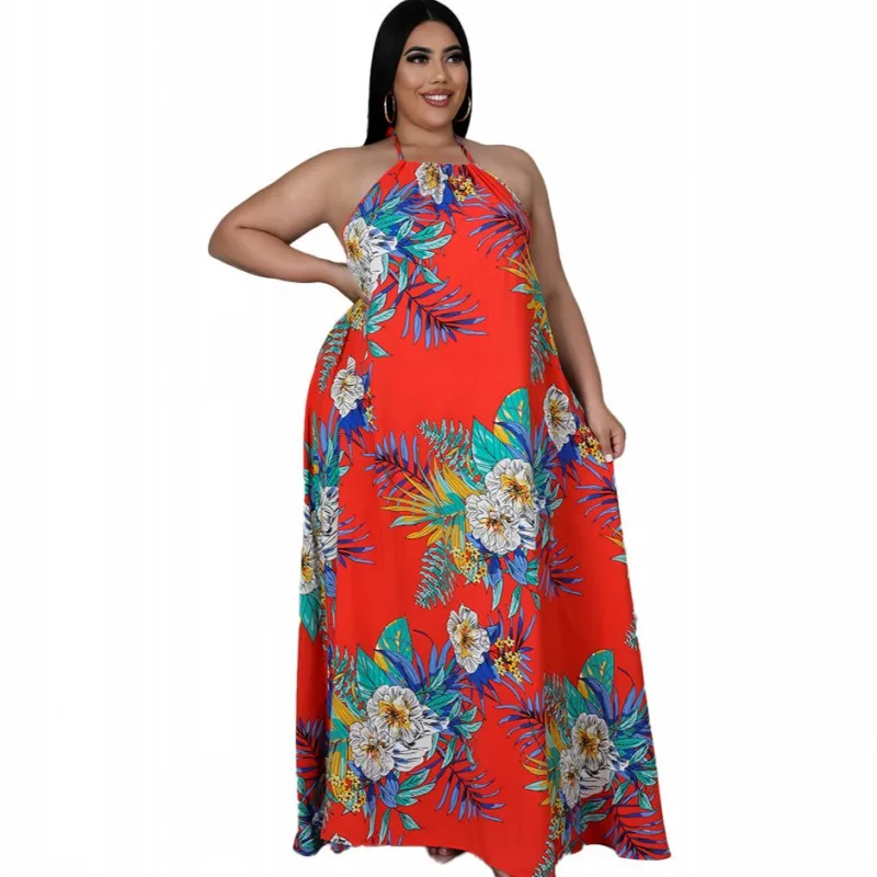 

Plus Size Women Maxi Dress 3XL 4XL Lace Up Halter Backless Robe Summer New Floral Print Beach Style Sexy Oversize Dress Vestidos