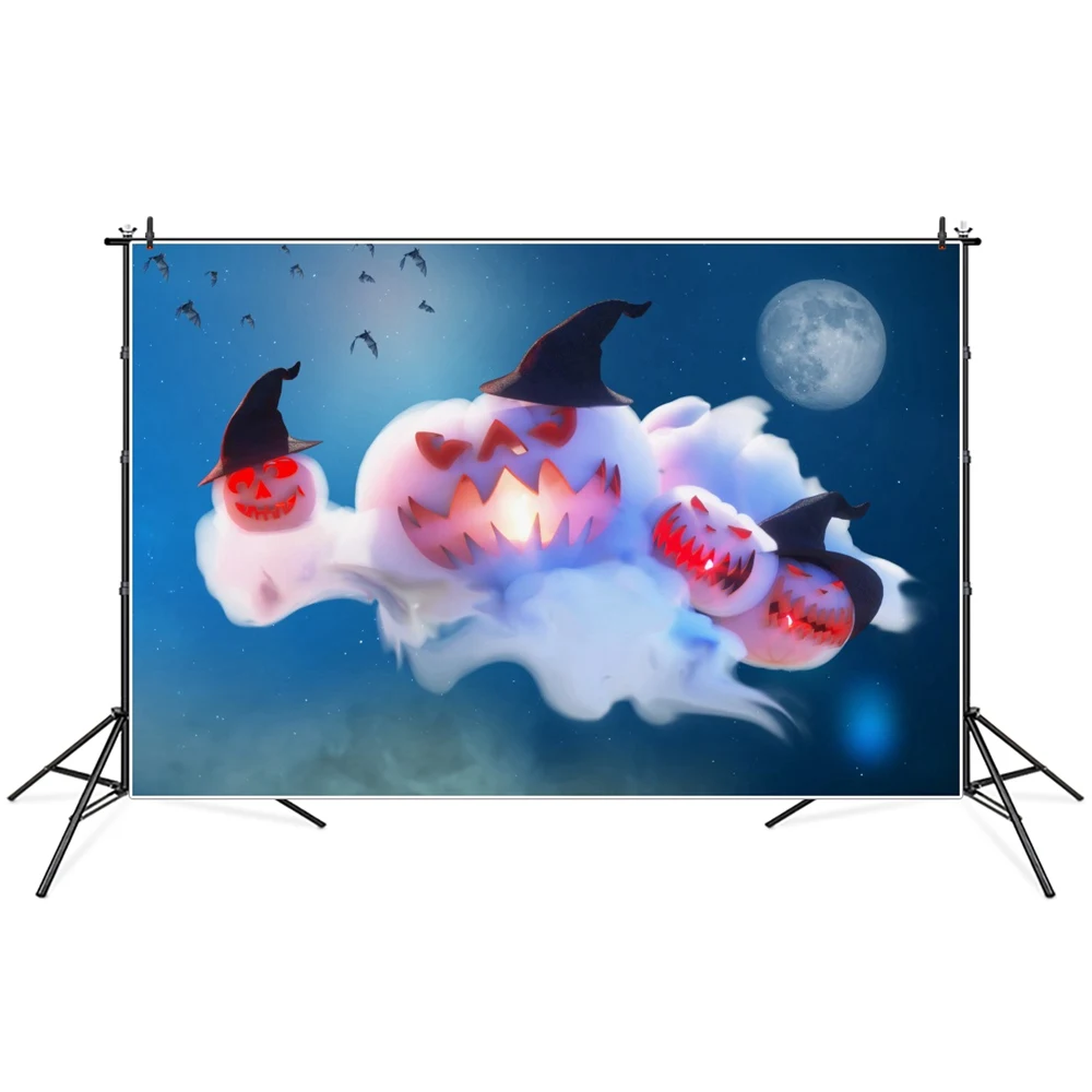 

Wizard Hat Pumpkin Lantern Ghost Cloud Halloween Photography Backdrops Custom Moon Night Baby Party Decoration Photo Backgrounds