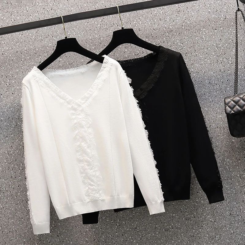 

Fall Women Sweater 2022 Sexy V-Neck lace Knitted Long Sleeve Korean Style Autumn Womens Pullover Sweaters Pull Femme white