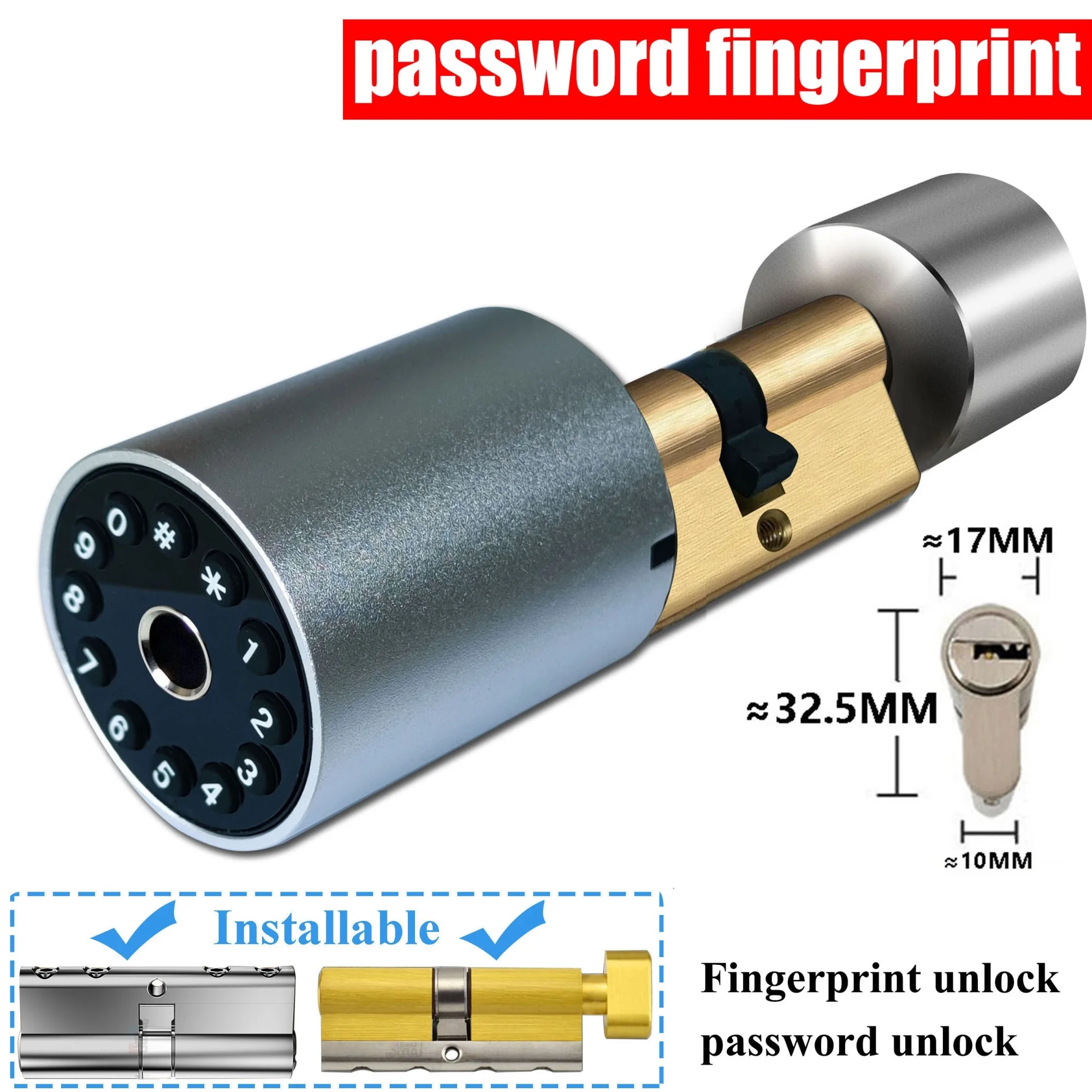 

Замок дверной электронный со сканером отпечатков пальцев, умный уличный замок с паролем, регулируемый размер, цилиндрический, управление через приложение