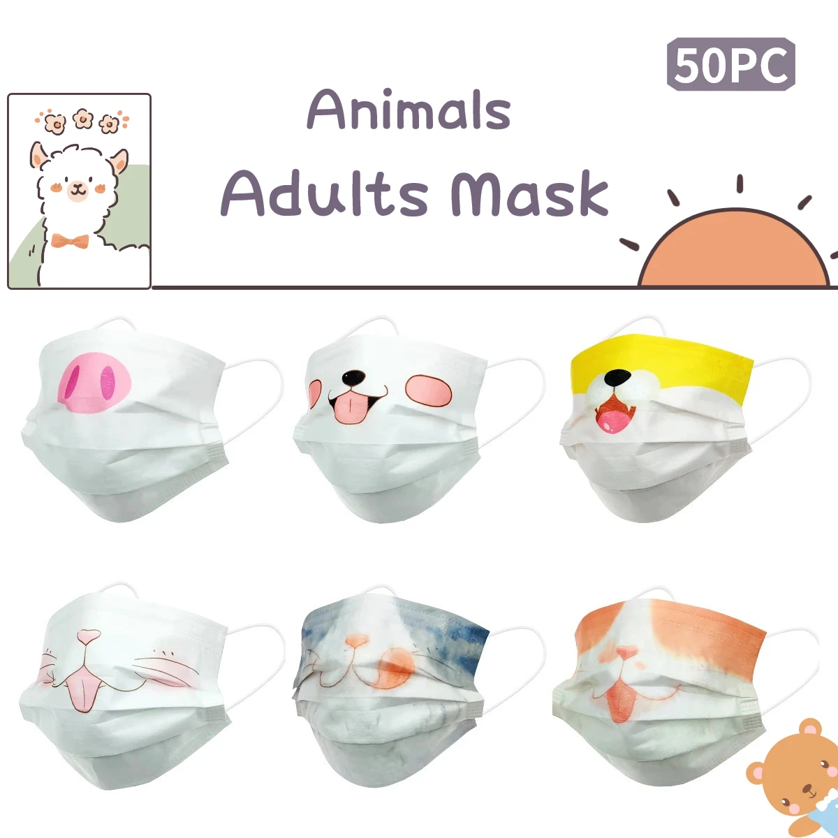 

Маска для взрослых одноразовая 3-слойная с принтом свиньи, 50 шт.