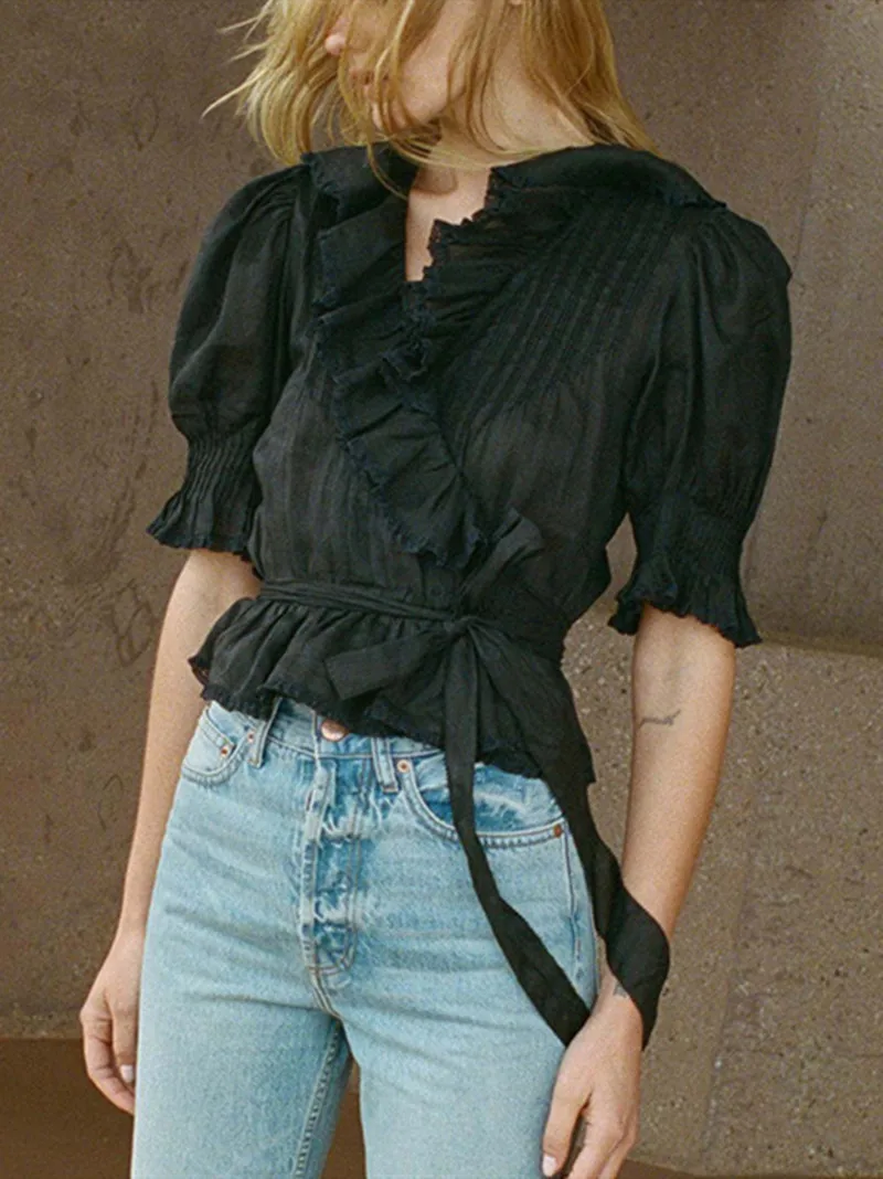 

Women Short Puff Sleeve Wrap Shirt with Lace-up Solid Color Blouse 2022 Summer New Retro French V-neck Ruffle Lady Elegant Top