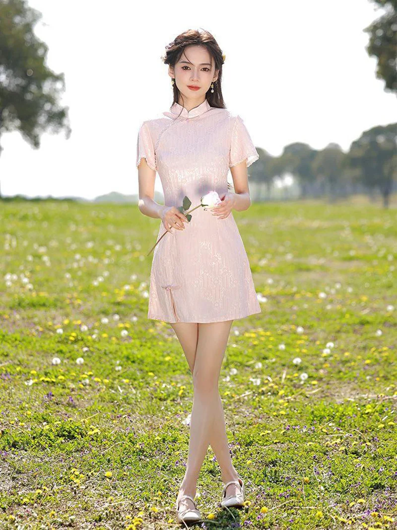 Новинка 2024 женское розовое винтажное короткое платье Cheongsam платья с короткими