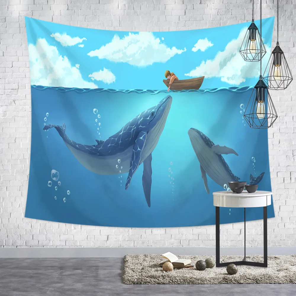 

Japanese Cartoon Tapestry Wall Fabric Abstract Blue Whale Sea Wall Cloth Tapestries Home Decor Large Size For Wall Background