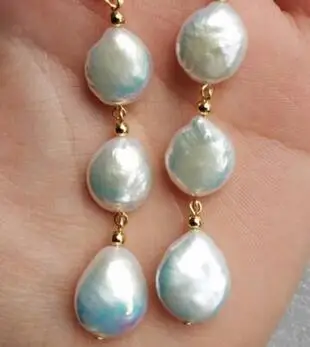 

free shipping noble jewelry 13-12mm AAA South Sea White Baroque Pearl Earrings