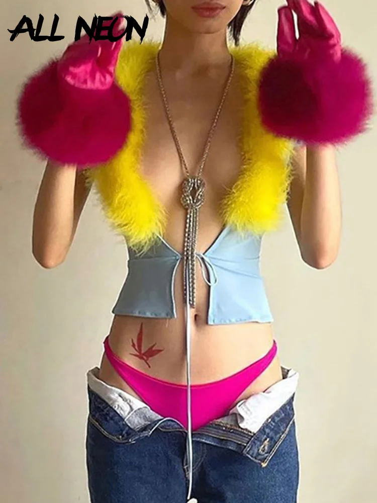 

ALLNeon Harajuku 90s Streetwear Yellow Feather Trim Blue Mesh Crop Tops Y2K Aesthetics Sexy Deep V Lace Up Short Sleeve T-shirts