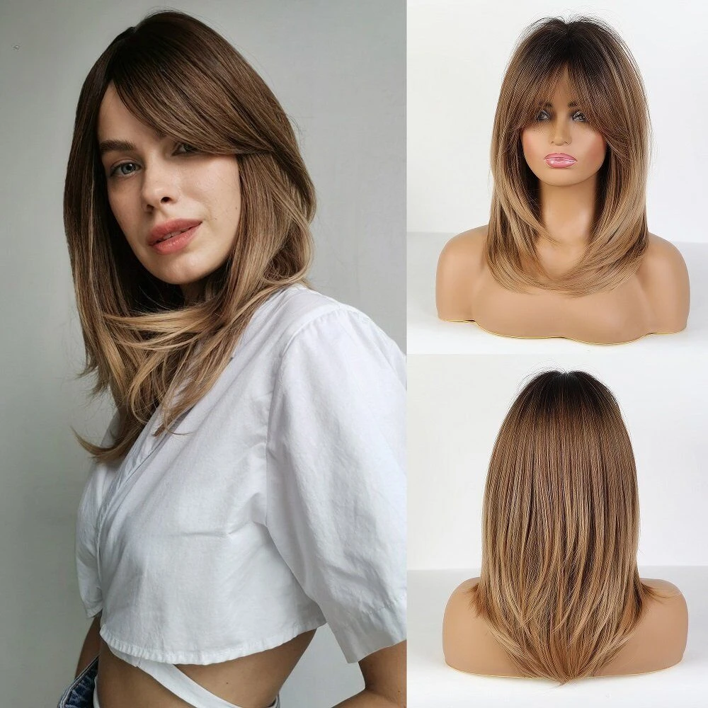 Длинные натуральные Многослойные Волнистые Темно-коричневые волосы Омбре