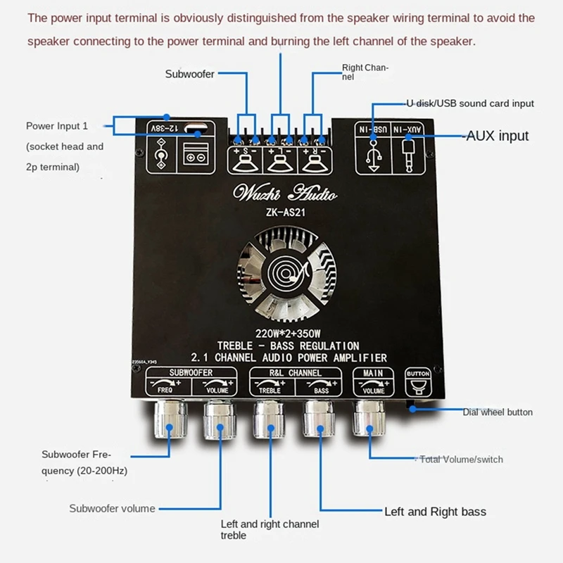 

ZK-AS21 Amplifier Board TPA3251D2 Bluetooth 5.1 Subwoofer Amplifier Board 220WX2+350W 2.1 Channel Power Amplifier Module