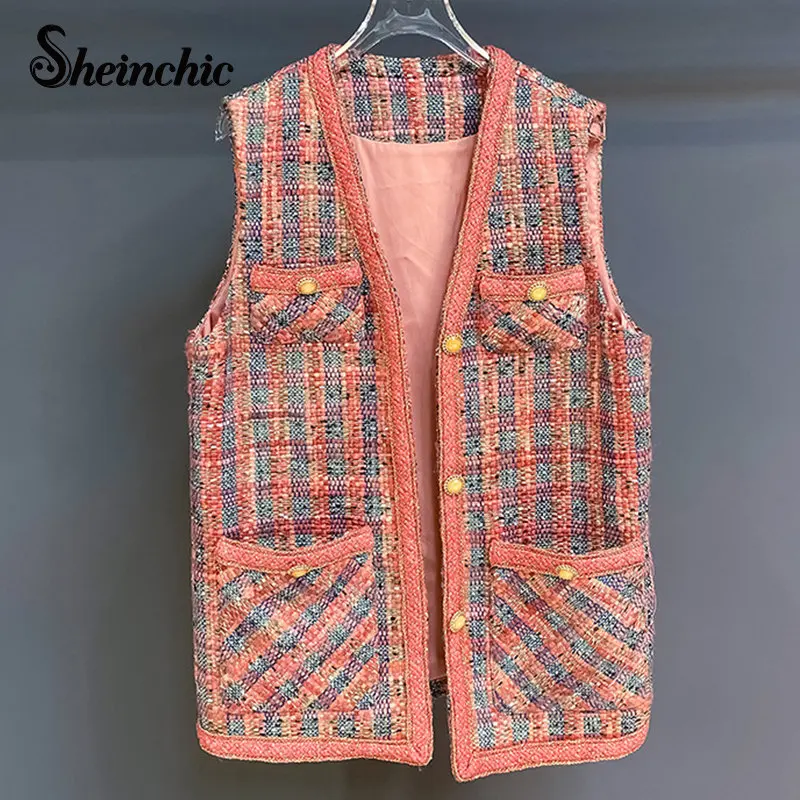 

Женская твидовая куртка в винтажном стиле, розовая клетчатая куртка без рукавов с V-образным вырезом, Осень-зима 2022