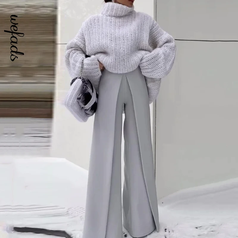 

Wefads Sweater Two Piece Sets Autumn Winter Kinnited High Collar Solid Loose Warm Top Irregular Straight Casual Pants Set Women