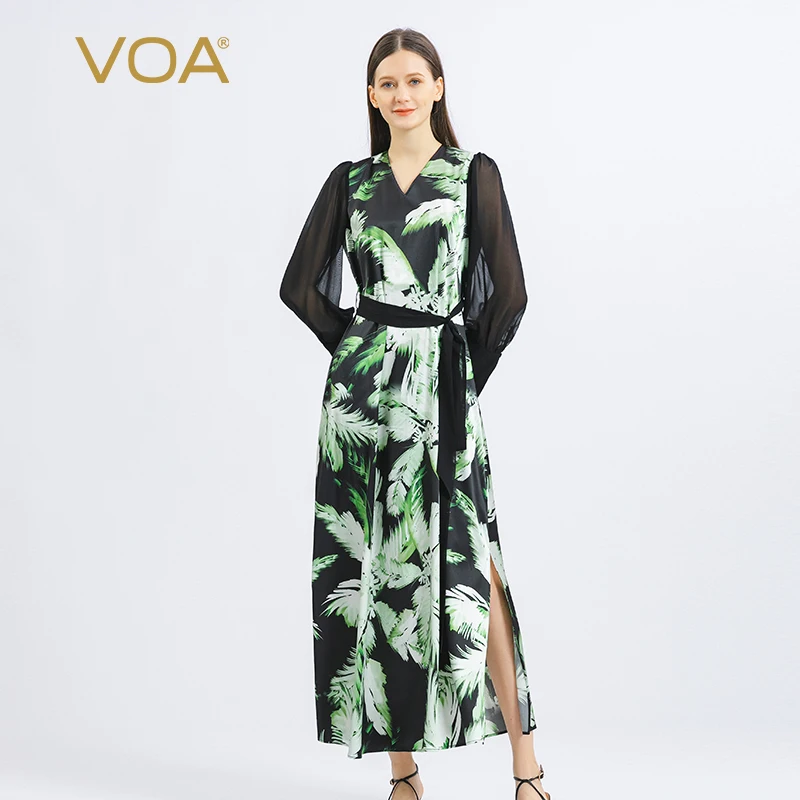 

Женское шелковое платье VOA, эластичное атласное платье с v-образным вырезом и завязками на спине, платье с длинными рукавами, AE1291