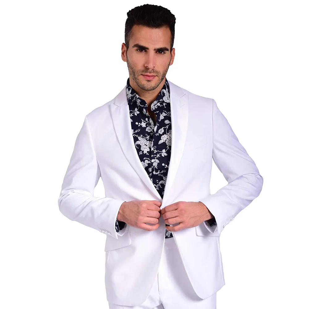 Men's White Suit 2 Piece Wedding Groom Tuxedo Point Lapel Blazer Pant Set Real Male Jacket Pants Set