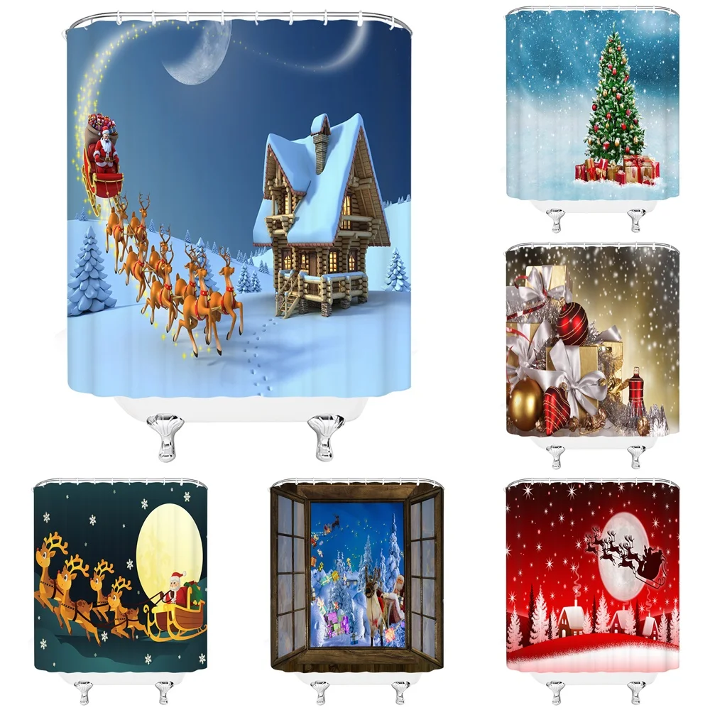 

Christmas Shower Curtains Cartoon Santa Claus Sled Elk Snow House Snowflake Holiday Xmas Cloth Bath Curtains Waterproof Fabric