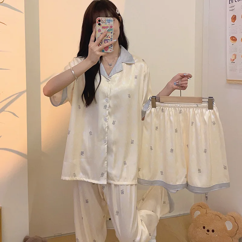 [Bubble Bear Three Piece Set] New Spring and Summer Bubble Bear Short and Long Shorts New Pajamas Women's Home Furnishing Set