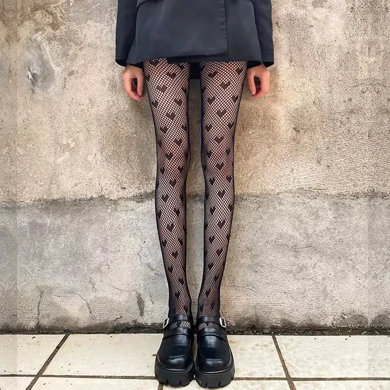 

Lolita Cute Anime Black Love Print Tights With Print Gothic Women Sexy Fishnet Mesh Goth Punk Pantyhose Mesh White Stockings New