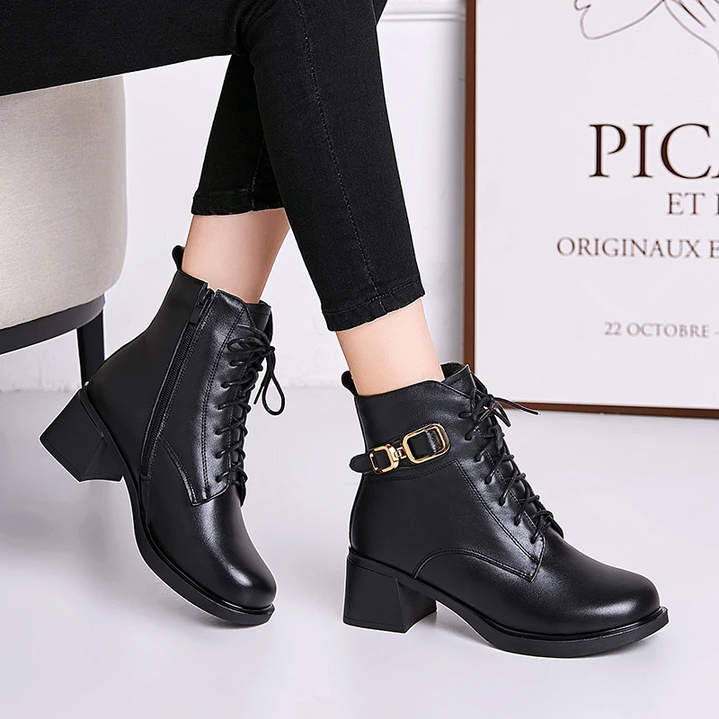 AIYUQI Winter Boots Women Wool Warm 2023 New Genuine Leather Women Marton Boots British Style Lace-up Large Size Booties Women