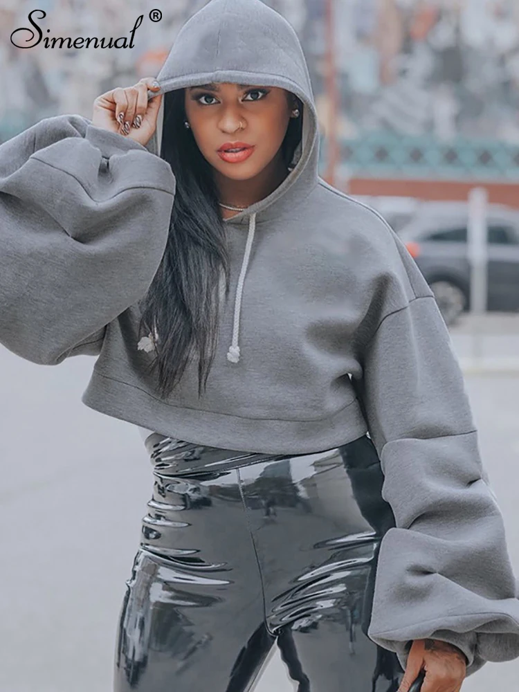 Simenual Grey Lantern Sleeve Hooded Sweatshirts Women Hipster Autumn Winter Bandage Crop Top Tshirt Y2k Streetwear Sporty Cloth