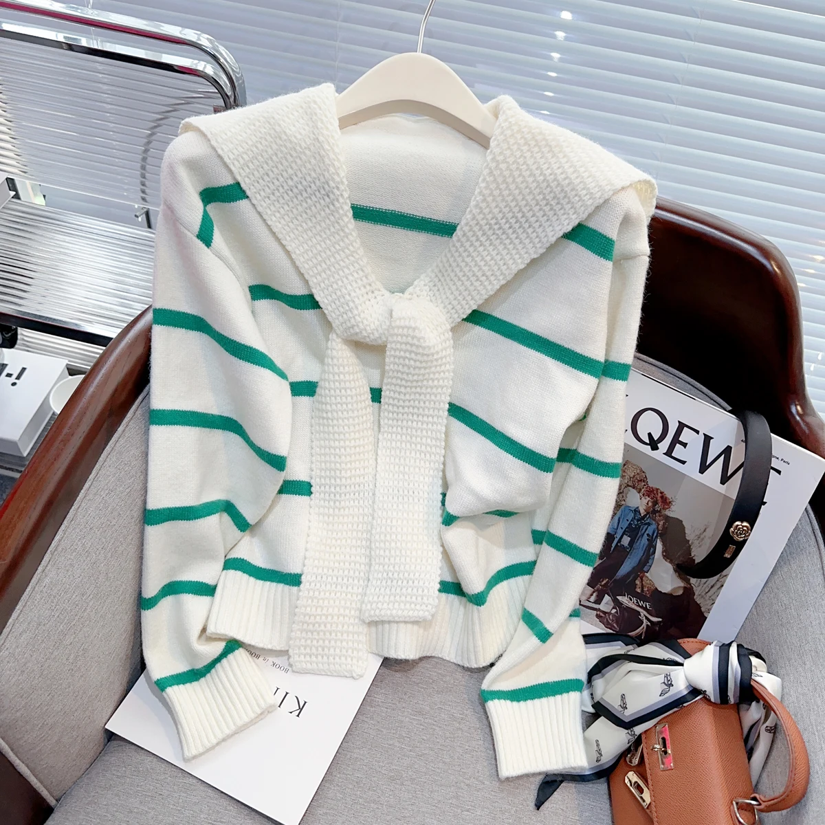 

Имитация двух частей матросский воротник полосатый свитер пуловер женские стильные модные повседневные топы вязаная одежда 2023 зимний джемпер с длинным рукавом