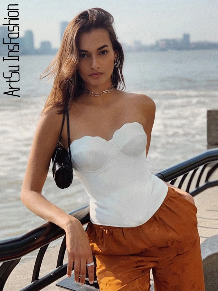 

White Crop Top Sexy Corset Strapless Tank Top Summer 2022 Sleeveless Vest Off Shoulder Tanks Tube Tops Cami Party Backless Top