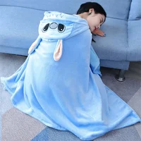 Disney Lilo and Stitch Coral Fleece Fabric Blanket with Hooded Cartoon Cosplay Cloak Cape Warm Wearable Throw Blanket for Sofa