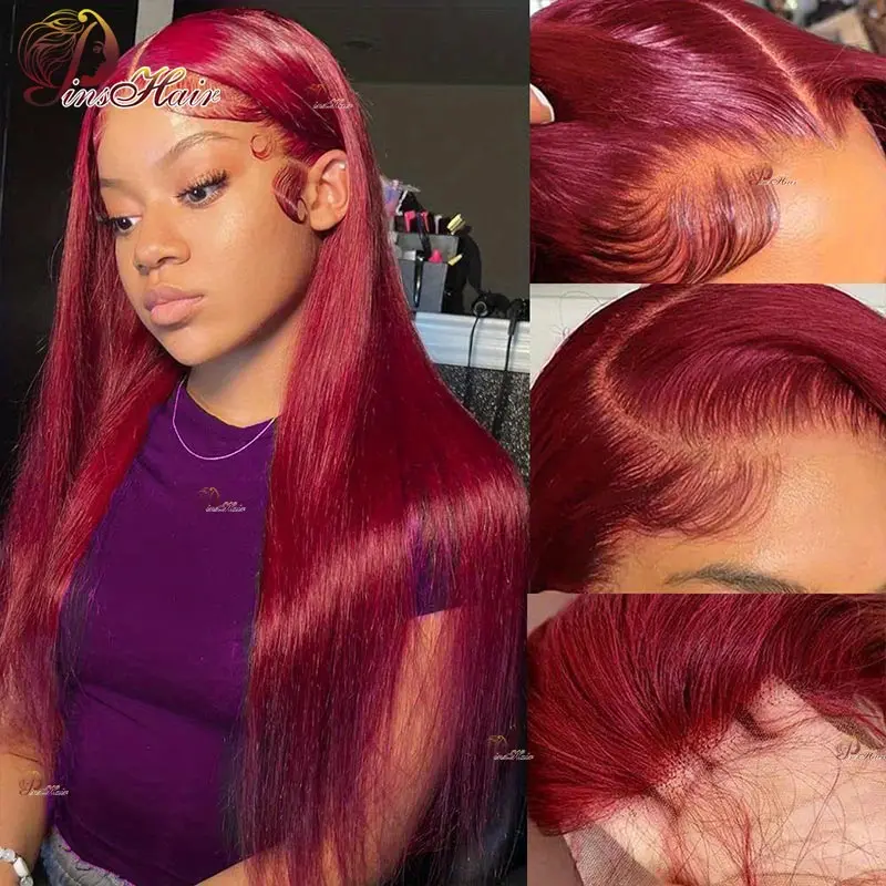 Ed Lace Front Human Hair Wigs Pre-plucked Burgundy Cherry Red 13x4 Straight Lace Front Wigs For Women Remy Human Hair