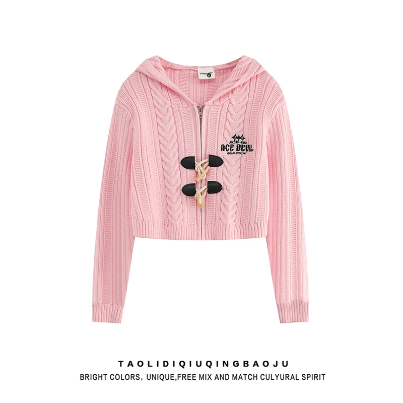 Корейская серия серый вязаный капюшон с роговой пряжкой женский 2024 новый