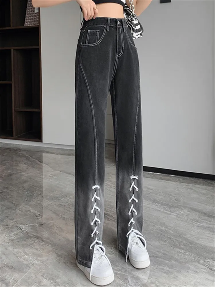 

Lace-up Gradient Straight Jeans for Women Summer High Waisted Slim Vintage Streetwear Hip Hop Harajuku Casual Denim Pants 9235