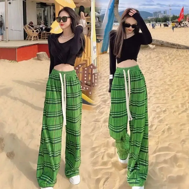 Y2k Pants Summer Ice Silk Korean Version Green Plaid Slacks Loose and Versatile High-waisted Seaside Wide-leg Pants