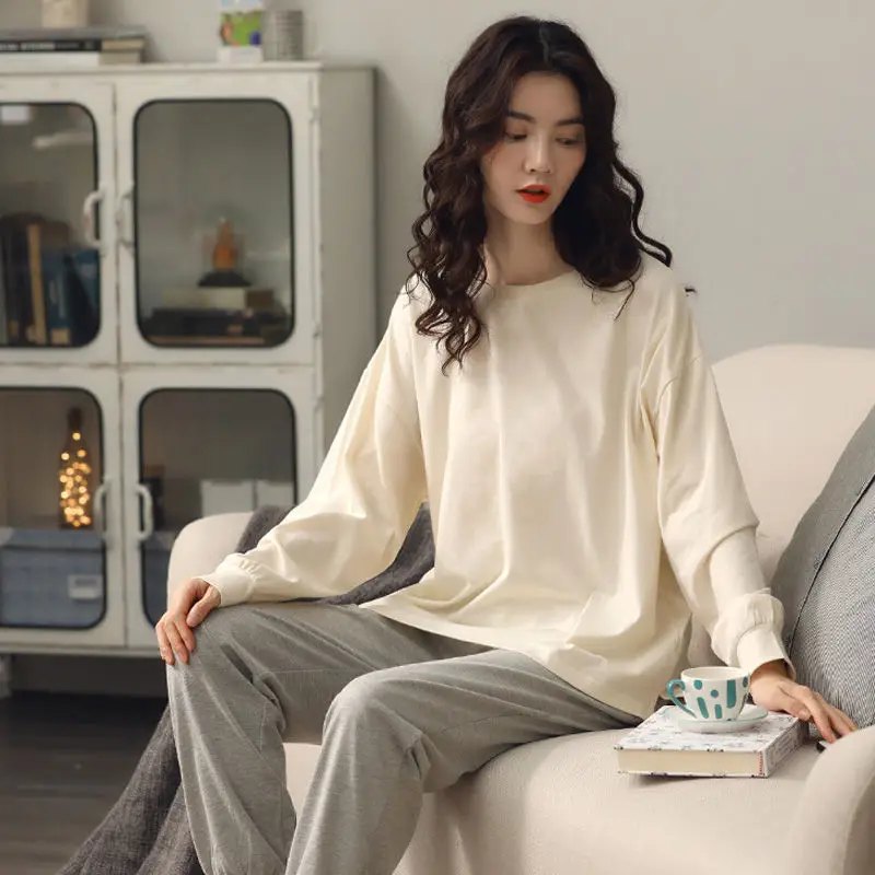 QWEEK Pajama Set Women Solid Color Long-sleeved Trousers Pijamas Bunch Cuffs Home Clothes Sleep Wear Summer Autumn Pyjamas Soft