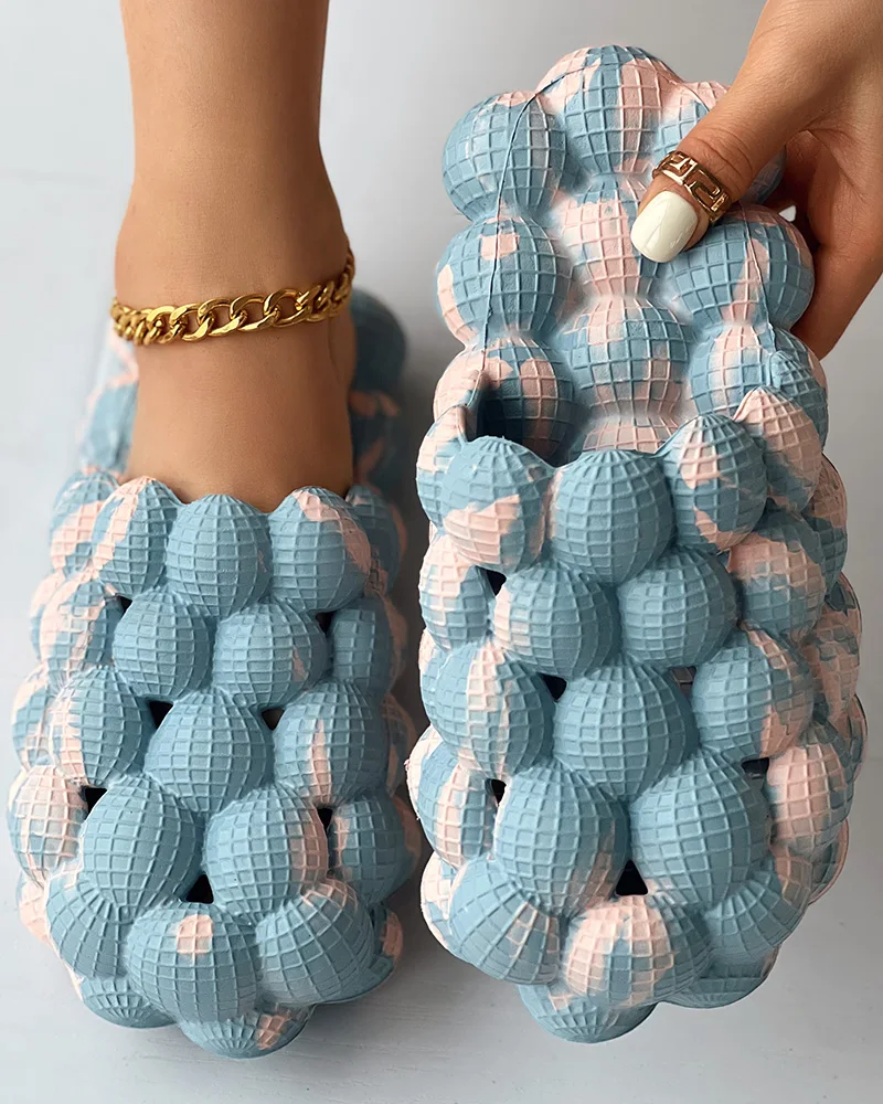 Women Fashion Summer Shoes Flat Homewear Colorblock Non Slip Soft Bubble Slippers Sandals