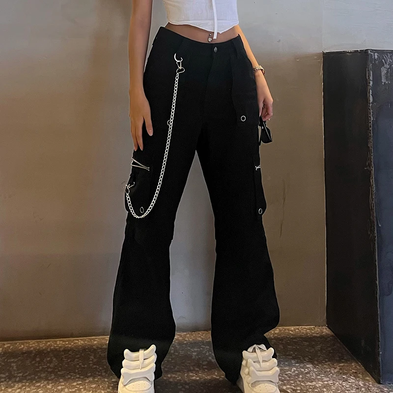 

Sunny y.j. Harajuku Street Baggy Jeans With Chain Fashion 2022 High Waist Cotton Black Cargo Pants Hip Hop Pocket Denim Trousers