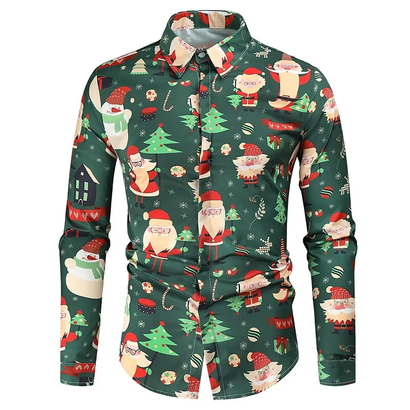 Christmas Element Printing Men's Long-Sleeved Shirt Snowman Pattern Shirts X'mas Party Oversized Clothing Fashion Cardigan Tops