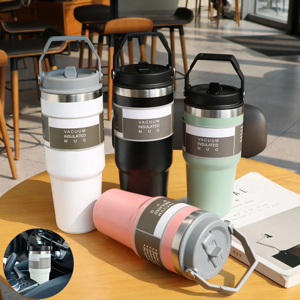 

Bottle Water Coffee Wall Double 304 Straw Steel Cup Car Thermos Vacuum 20/30oz Cup Portable 600/890ml Stainless Couple Cup