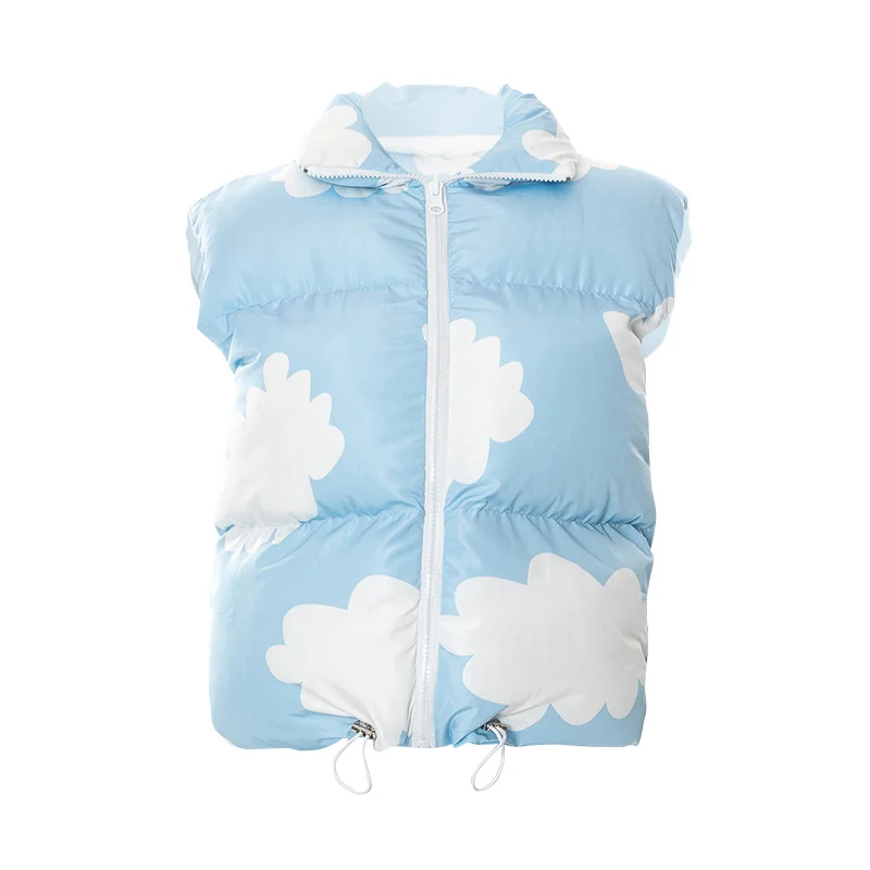 2022 Autumn Winter Women Loose Vest Stand Collar Cloud Print Sweet Vest Jacket Padded Coat Sleeveless Warm Waistcoat Vests